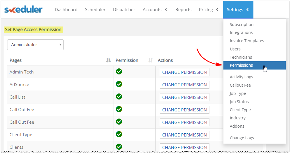 set page access permission panel