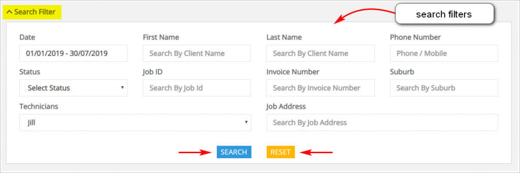 Jobs page search filters