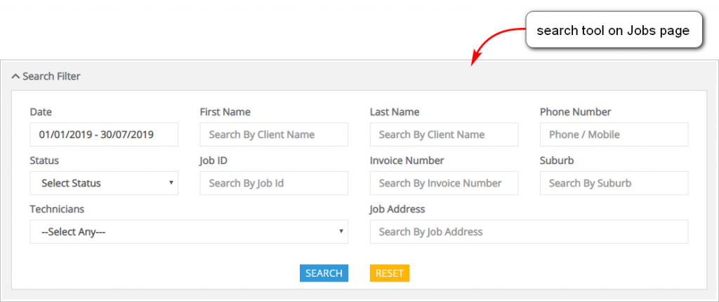 Jobs page search tool
