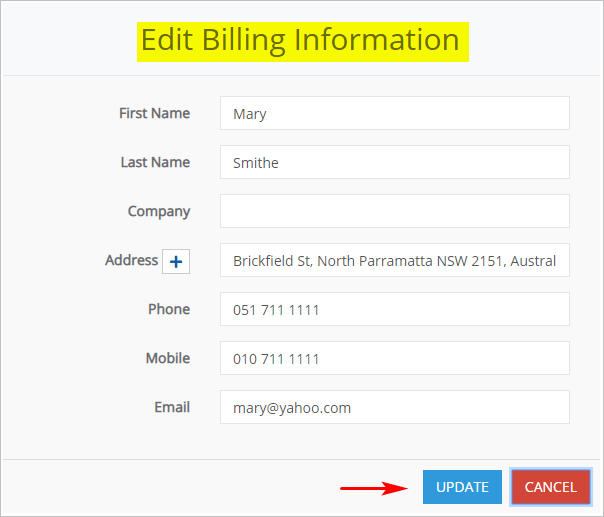 edit billing information panel