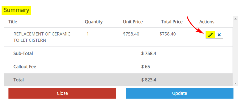 Changing the unit price of a service