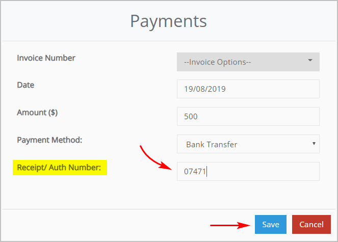 Entering receipt or authorisation number