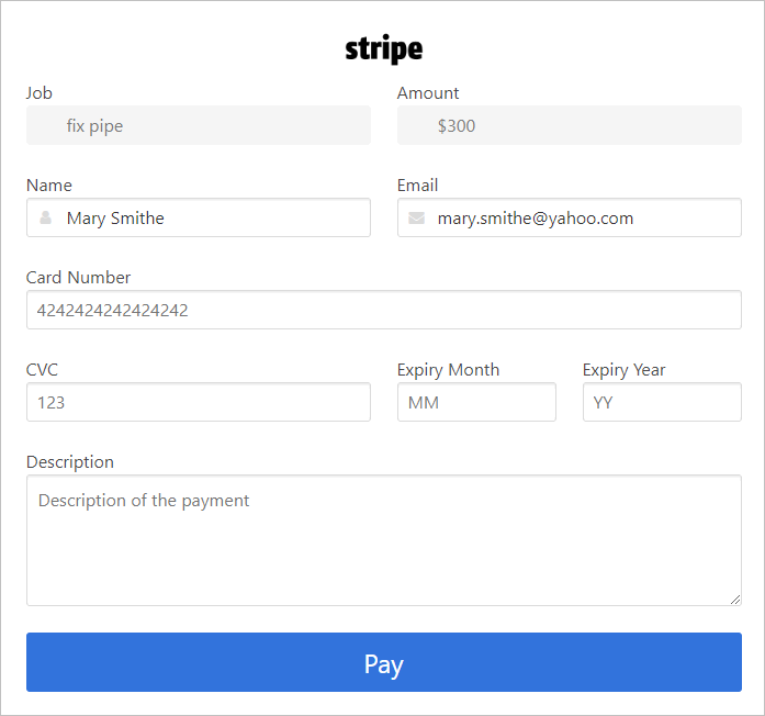 Entering payment information Stripe